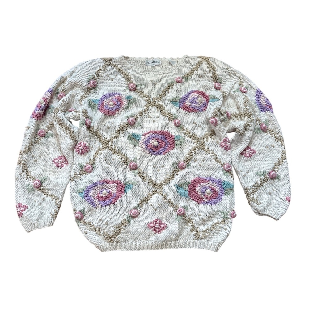 JJ Fargo Sweater Women Cream Floral 3D Rosette‎ Vintage Cottagecore SIZE L